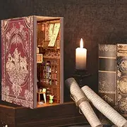 DIY Book Nook Kit with LED Light 3D Wooden Puzzle Book House Building Kit Light Up Miniature Dollhouse Diorama Model Table Shelf Decoration for Home Bedroom Study Room