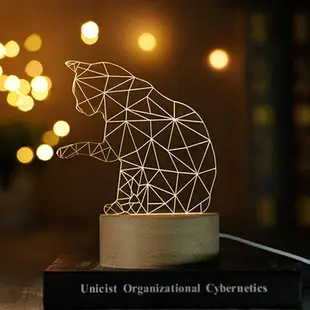 動物led禮物造型。小夜燈招財貓實木3D生日小貓咪情人節臺燈