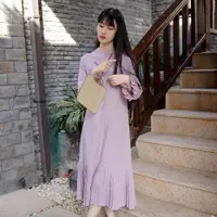 在飛比找ETMall東森購物網優惠-中式禪茶服棉麻紫色連衣裙盤扣