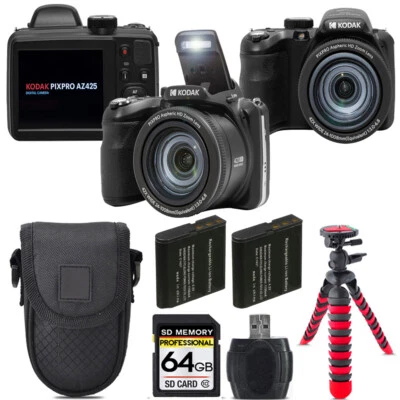 Kodak PIXPRO AZ425 Digital Camera (Black) + Extra Battery +Tripod + 64GB Kit