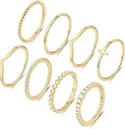 [RLMOON] 8PCS 14K Gold/Silver Plated Ring Thin Stacking Ring for Women Statement Stackable Plain Ring Band Thumb Pointer Finger CZ Diamond Ring Size 4-11