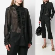 46 NEW $1195 GUCCI Black SHEER LACE Button Front Long Sleeve RUFFLE BLOUSE TOP