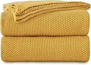 Longhui Bedding Mustard Yellow Cotton Cable Knit Throw Blanket for Couch Sofa Bed, Home Decorative Lightweight Knitted Blankets with Bonus Laundering Bag, 50“ x 60”, Machine Washable