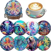 croshom 8 Pcs Ocean Creatures Diamond Art Painting Coasters Kits with Holder Ocean Creature Diamond Art Coaster with Cork Bases for Adults Diamond Painting Kits Supplies for Gift