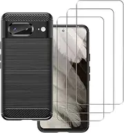 carinacoco Case for Google Pixel 8 with 3 Tempered Glass Screen Protector, Soft TPU Carbon Fiber Texture Shockproof Bumper Anti-Drop Rugged Cover, Ultra Slim Anti-Scratch Phone Case, Black