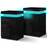 ALFORDSON 2x Bedside Table Perla 3 Drawers LED Gloss Nightstand (Black)