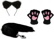 Fox Tail Anal Butt Plug & Ear Set Sex Toys for Beginner, Women, Men, Couple & Cosplay (Black Full Set)