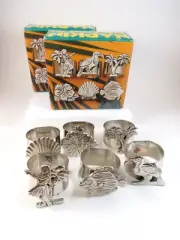 Vintage Set 12 Napkin Ring Tropical Beach Theme Hula Girl Palm Tree Fish Shell