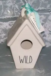 RAE DUNN- WILD BIRDHOUSE White / Light Aqua Blue Ribbon - Elongated Font -NIB