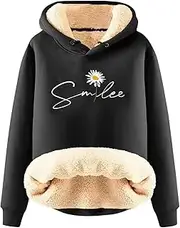 [Generic] Daisy Print Hoodie Sweatshirts Oversized Sherpa Lined Winter Warm Hoodies Loose Long Sleeve Pullover For Teen Girls, Black, Large, Black, Large