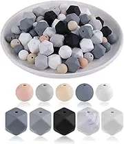 Qeunrtiy 100Pcs Round and Hexagon Silicone Beads, Silicone Beads Bulk Making Kit for Keychain Jewelry Making