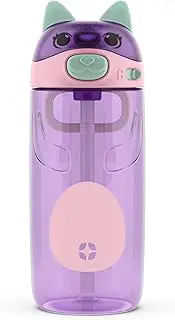 [Ello] Ellies 16oz Plastic Kids Water Bottle with Straw and Built-in Carrying Handle and Leak-Proof Locking Lid for School backpack, Lunchbox and Outdoor Sports, Cat