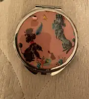 Retro 1950s Pink Poodle Bejeweled Small Round Silver Mirror Compact !