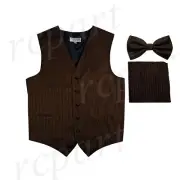 New Men's Tuxedo Vest Vertical Stripes Bowtie Hankie prom party Brown wedding