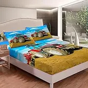 eelyou Boys Tractor Printed Bedding Set Men Construction Cars Pattern Bed Sheet Set for Kids Children Red Heavy Machinery Vehicles Fitted Sheet Farm Theme Bed Cover Room Decor Twin Size