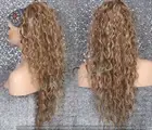 Lgt Ash Brown blonde mix Human Hair Blend Ponytail Heat OK wavy long drawstring