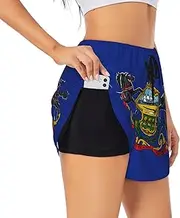 [GaxfjRu] Pennsylvania State Flag Print Women's Running Shorts High Waisted Running Shorts Pocket Sporty Gym Elastic Short, Black, XXL