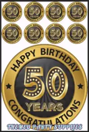 50th BIRTHDAY CAKE TOPPER 7 INCH ROUND INCLUDES 32 CUPCAKE TOPPERS!!