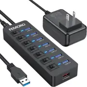 Powered USB Hub 3.0, 5Gbps Data Transfer 7 Ports and 12W Charging-Only 1 Port wi