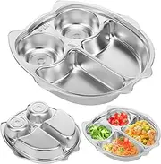 3 Pack Stainless Steel Kids Plates Portion Control Platter Cartoon Shape Unbreakable Divided Plates Toddler for Camping, Lunch and Dinner (3, Silver- owl)