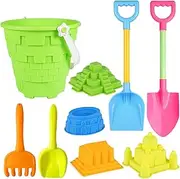 9 Piece Sand Beach Toy Set for Kids, Castle Building Tools and Buckets, Green, as described