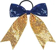 Large Cheer Bows Sequin Hair Bow for Girls, Glitter Cheer Bows Ponytail Cheerleading Ribbon Holder Hair Band for Women Teen Girls (Blue Yellow, One size)
