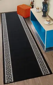 Non Slip Meander Design BLACK Low Pile Rug 22" / 26" / 30" / 36" Width