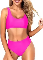 [Tempt Me] Women Two Piece Scoop Neck Bikini Crop Top High Cut Swimsuit Sporty High Waisted Bathing Suit with Bottoms