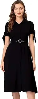 [Allegra K] Women's Shirt Dress Doll Collar Button Up Belted Puff Short Sleeve Flared Work Dresses