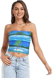 [RPLIFE] Tropical Palm Trees Blue Crop Tube Top Strapless Tube Tops for Women, Mesh Tube Tops, Trendy Crop Tops (S)