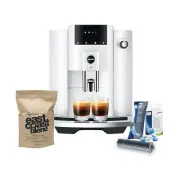 Jura E4 Coffee Machine Piano White with Filter Cleaning Tablets and Coffee