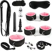 11PCS Bondage Set Erotic Suit Sex Bondage Toys for Couples Bed Restraints Set Adjustable Neck and Leg Cuffs Kit Sexy Swing Sex Restraintants Set with Anal Plug Trainer Kit (Red) (Pink)