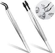 2 Pcs Rubber Tipped Tweezers - 6" Straight Flat & Bent Tip, Anti-rust Stainless Steel With Soft Rubber Coating for Jewelry Making, DIY Crafts, Hobby, Lab, Coin Stamp Tongs