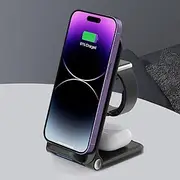 15W 3 in 1 Wireless Charger Stand, Foldable Fast Charging Station for Apple Watch Ultra 2/Ultra/10/9/8/7/6, for iPhone 16/15/14/13 /Plus/Pro/Pro Max/12, AirPods 3/2/1/Pro/Pro 2 (3 in 1 Black)