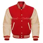 Baseball Varsity Letterman Bomber Red Wool & Genuine Cream Leather Sleeves