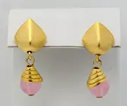 Vintage 1980-90s Matte Gold Tone Pink Lucite Pierced Earrings
