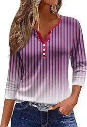 [Valtorixia] 3/4 Length Sleeve Women Henley V Neck Tops Casual Length Button Down Shirt Floral Print Blouses Plus Size Trendy Comfy Tees (color-b-31,Medium)