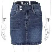 Halter V-Neck Button Denim Crop Top / High Waist Denim Mini Pencil Skirt Skirt - Blue - L