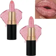 2PCS Comparison Diamond Lip Gloss Glitter Lipstick Waterproof, Diamond Lip Gloss Lipstick Waterproof, DiamondGlitter Lipstick Long Lasting Moisturizernon-stick to Cup Non-fading (#2,2PCS)