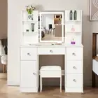 Vanity Dressing Table Set with Mirror Led Makeup Vanity Desk 5 Drawers White