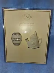 New Lenox Porcelain Watering Can And Egg Pin Set w/ Crystals 24k Gold Trim