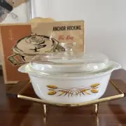 Vintage Fire King Wheat 1 1/2 Qt Casserole With Buffet Server in Box NOS Anchor