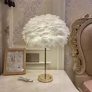 Elegant Feather Table Lamp White Golden Artistic Cool/Natural/Warm Lights Fabric Woven Shade Metal Base Uses E26 5V Bulb Exhibit Hall Hotel Cafe Bar Couples Bedroom (White)