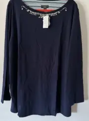 Susan Graver Artisan Stretch Cotton Modal Top Navy Embellished 3X NEW