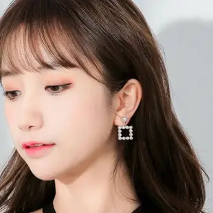 【Emi 艾迷】韓系氣質珍珠幾何方型 耳環 耳夾 夾式耳環 無耳洞(耳夾)