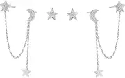 [Generic] 925 Sterling Silver Cuff Earrings Chain for Women Asymmetric Star Moon Earrings Crawler Earrings Dangling Chain