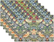 Strawberry Blue Green Pimpernel Placemats Set of 6 Chinoiserie Floral Bird Colorful Linen Washable Table Mats Stain Heat-Resistant Desktop Decor Place Mats for Home Kitchen Dining Party 12x18 inches