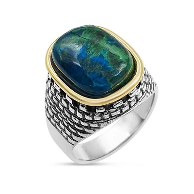 Sterling Silver And Gold Jerusalem Western Wall Blue Green Eilat Stone Ring