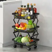 在飛比找松果購物優惠-折疊蔬果置物架(三層) 廚房置物架 滑輪置物架 滑輪推車 收