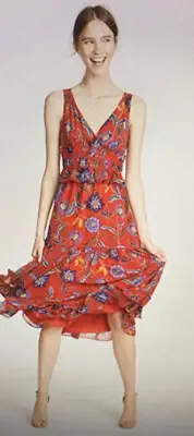 Rebecca Minkoff Red Floral Lucy Tier Chiffon Ruffle Rouched Dress Sz 8